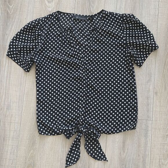 INC Womens Tie Front Short Sleeve Button Blouse Top Black White Polka Dots Sz 2 - Picture 3 of 7